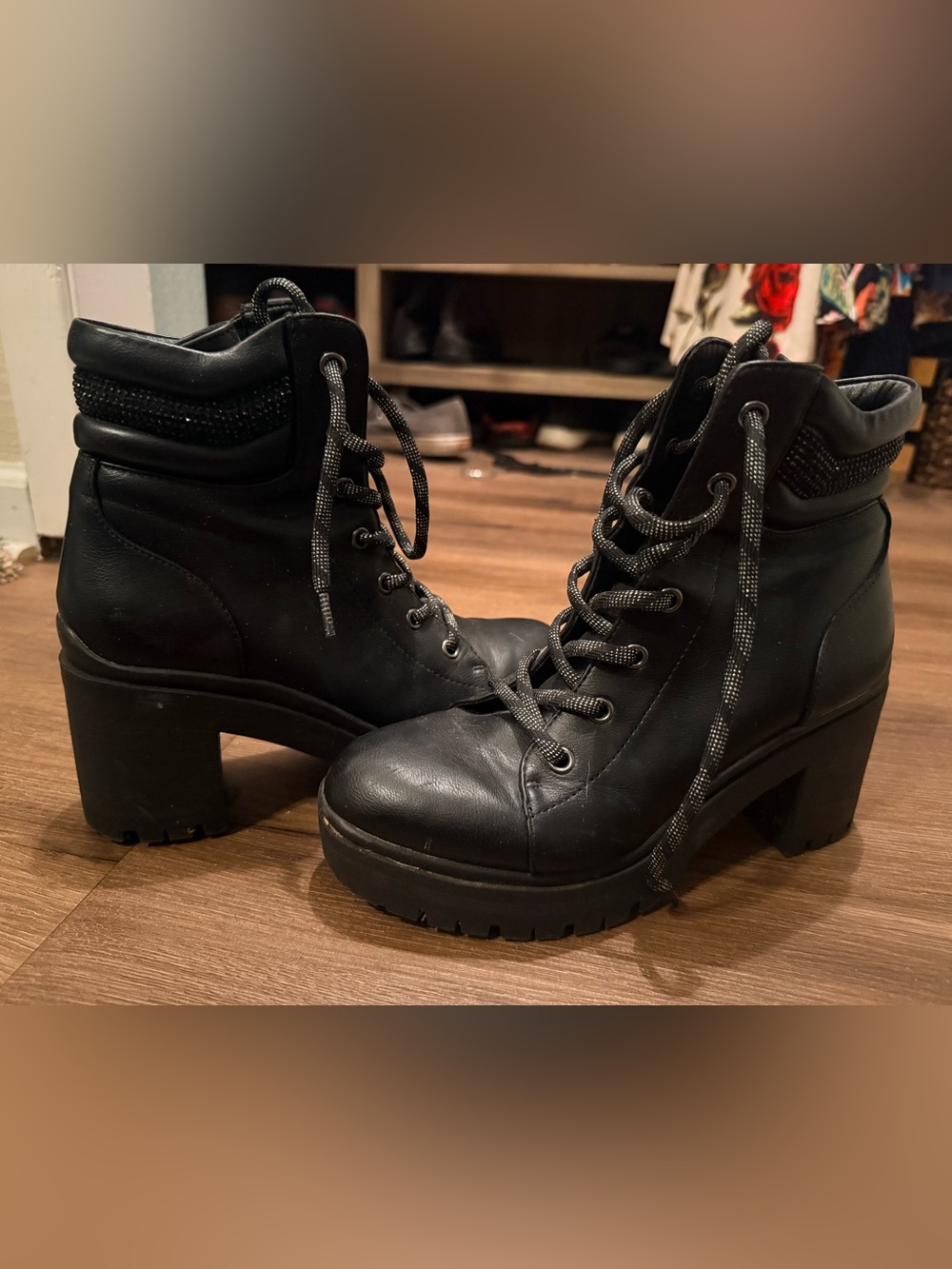 Nine West Black Lace-Up Chunky Heel Ankle Boots